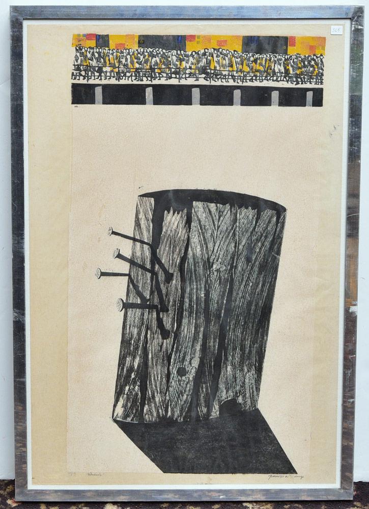 Antonio Frasconi: Boardwalk 36" x 24" (sheet) woodcut numbered edition of 12, pencil signed lower right 38 1/2" x 27" overall with the frame