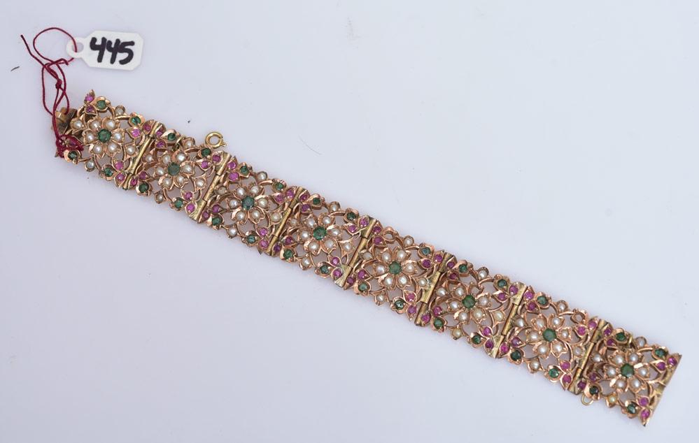 10k Gold Ruby, Emerald and Seed Pearl Bracelet (1 of 1)