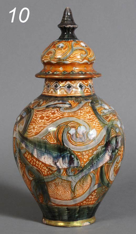 DELFT LUSTER GLAZED URN with fish design 15" high e: DELFT LUSTER GLAZED URN with fish design 15" high early 20th century