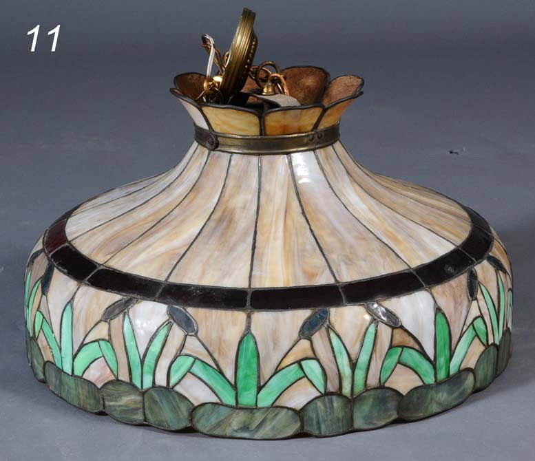 LEADED GLASS HANGING LIGHT FIXTURE with cattails 24: LEADED GLASS HANGING LIGHT FIXTURE with cattails 24" diameter