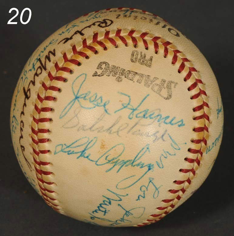 OLD TIMES DAY 1973 SIGNED BASEBALL WITH WIVES inclu: OLD TIMES DAY 1973 SIGNED BASEBALL WITH WIVES includes Satchel Paige, Jesse Haines, Rube Marquaard, Bill Terry, Monte Irvin, Vera Clemente and Mr. Lou Gehrig