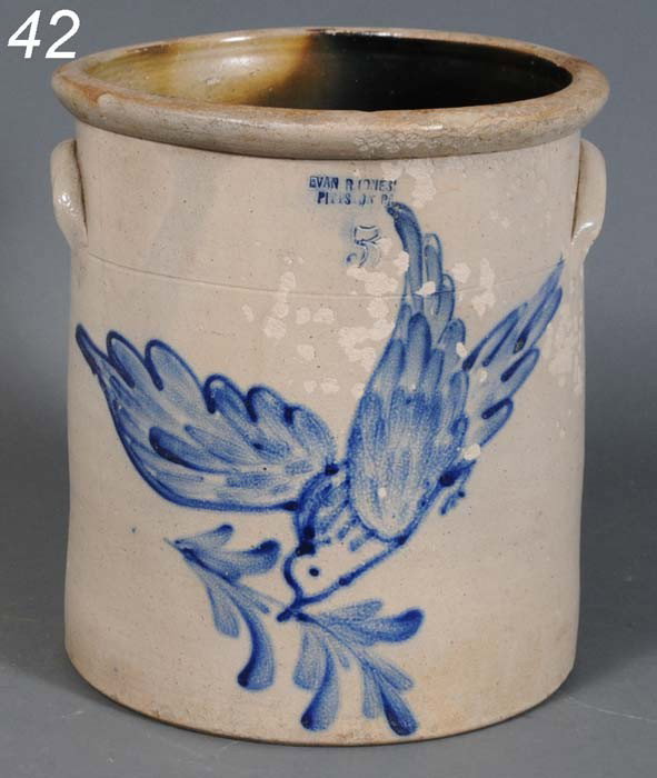 STONEWARE FIVE GALLON CROCK with dove decoration Ev: STONEWARE FIVE GALLON CROCK with dove decoration Evan R. Jones