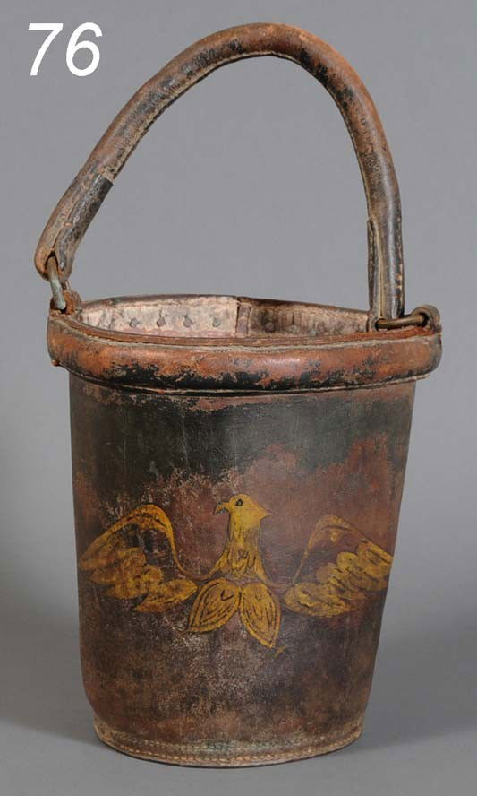 SHIP'S LEATHER FIRE BUCKET with eagle motif, stampe: SHIP'S LEATHER FIRE BUCKET with eagle motif, stamped "Naval Yard/Washington" on bottom, 10 1/2" high