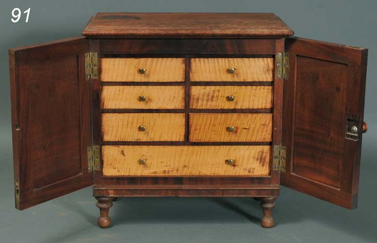 SHERATON MAHOGANY SPICE CABINET with tiger maple dr: SHERATON MAHOGANY SPICE CABINET with tiger maple drawer fronts poplar secondary 17" wide, 16" high, 9 1/2"deep circa 1830