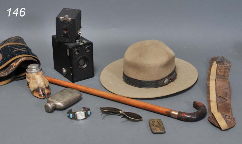 CARL MOON PERSONAL ITEMS including cameras, cane,: CARL MOON PERSONAL ITEMS including cameras, cane, hat, inkwell, glasses and watch