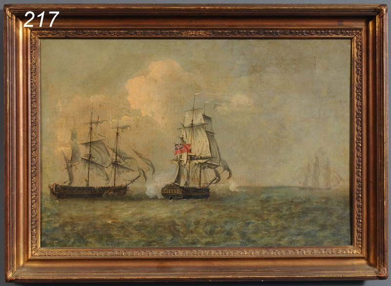 BRITISH SCHOOL A Naval Engagement 20"x 34" oil on: BRITISH SCHOOL A Naval Engagement 20"x 34" oil on board 19th century