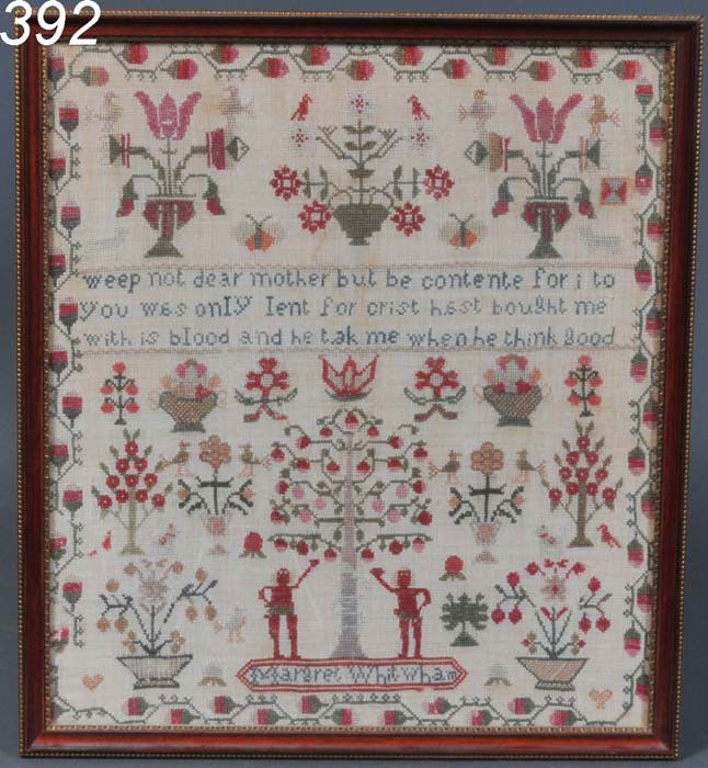 ENGLISH NEEDLEWORK SAMPLER Margaret Whitman 17"x15: ENGLISH NEEDLEWORK SAMPLER Margaret Whitman 17"x15", circa 1830