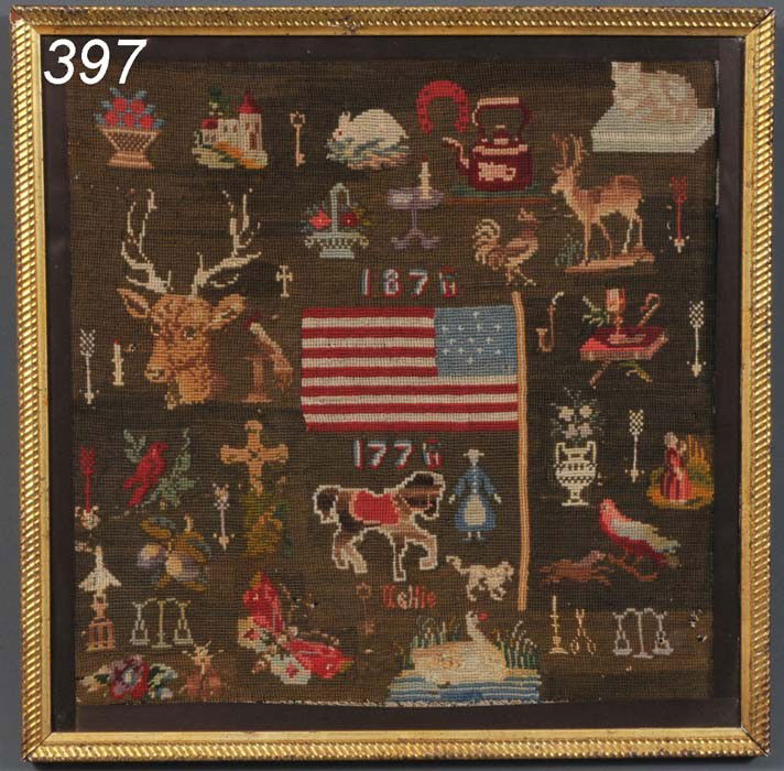 CENTENNIAL NEEDLEWORK SAMPLER with flag: CENTENNIAL NEEDLEWORK SAMPLER with flag