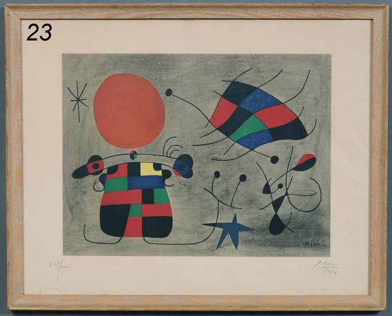 JOAN MIRO color lithograph 13 1/2"x 18" dated 1954,: JOAN MIRO color lithograph 13 1/2"x 18" dated 1954, numbered 267/400 pencil signed lower right, 19"x24" sheet size.