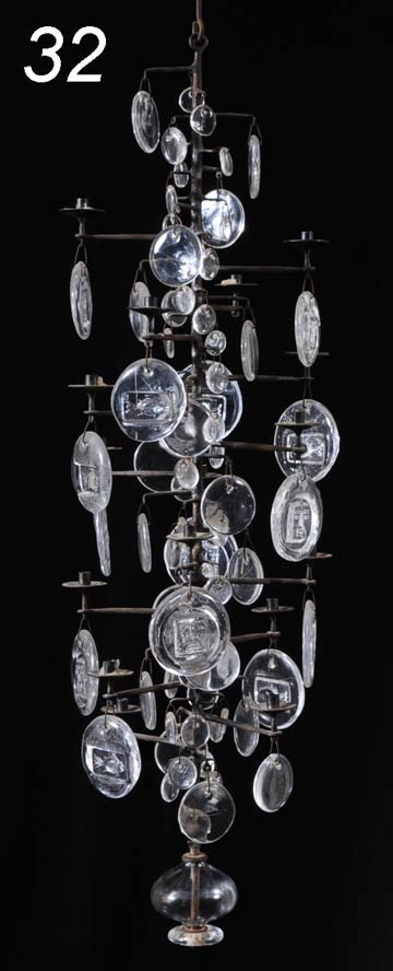 ERIK HOGLUND 16 arm iron and molded glass chandelie: ERIK HOGLUND 16 arm iron and molded glass chandelier 37 1/2" long circa 1957 estate of William Styron