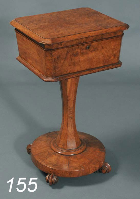 WILLIAM IV BURL WALNUT TEA POY fitted with two can: WILLIAM IV BURL WALNUT TEA POY fitted with two canisters 28 1/2" high circa 1840