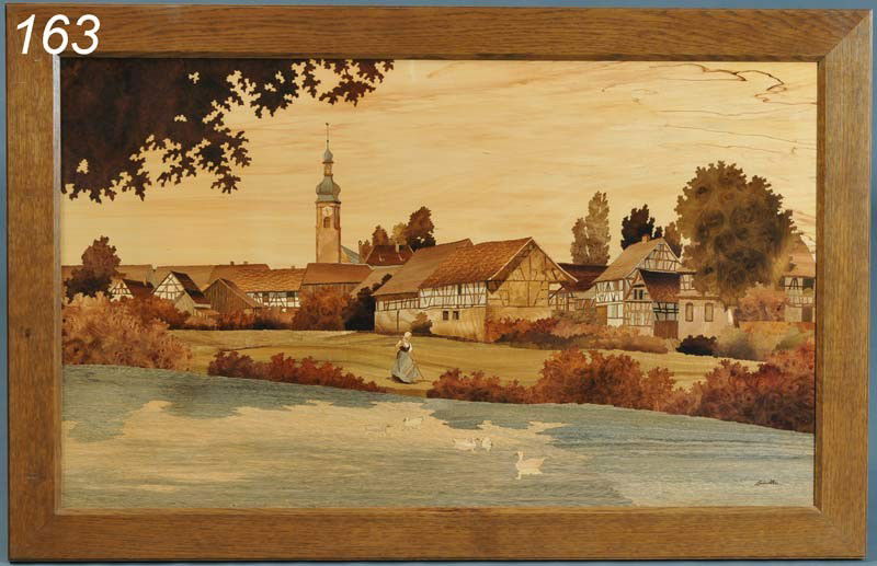 JACOB CHARLES SPINDLER Nordhouse a scenic marquetr: JACOB CHARLES SPINDLER Nordhouse a scenic marquetry panel 22 1/2" x 37 1/2"