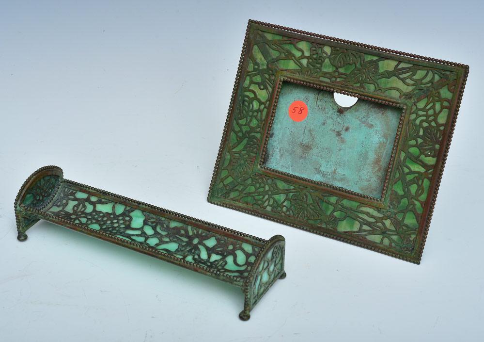 Riviere Studios Calendar Frame and Pen Tray: calendar 6 3/4" x 8 1/4" and pen tray 9 1/4" long early 20th century