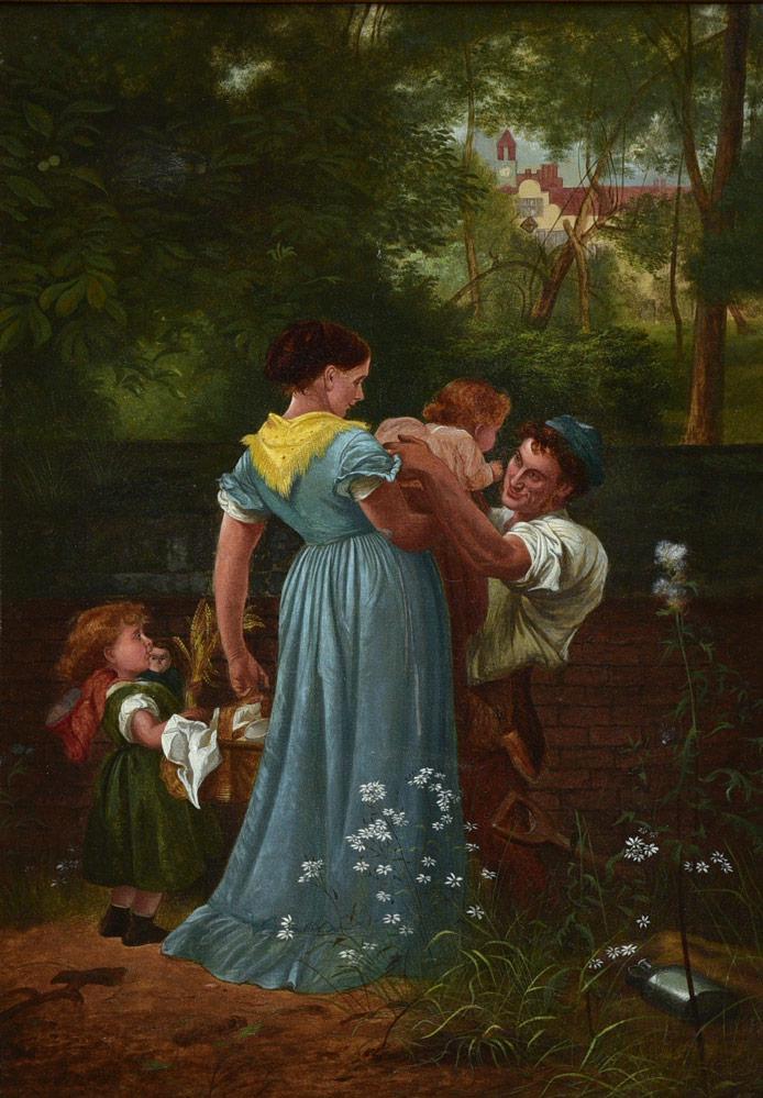 American School: Family Reunion 28"x19" oil on canvas framed to 40"x31" signed "J. Bright"