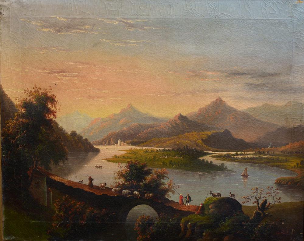 Continental School: Scottish Highlands Lake View 27"x33" oil on canvas, framed to 32"x39" 19th century