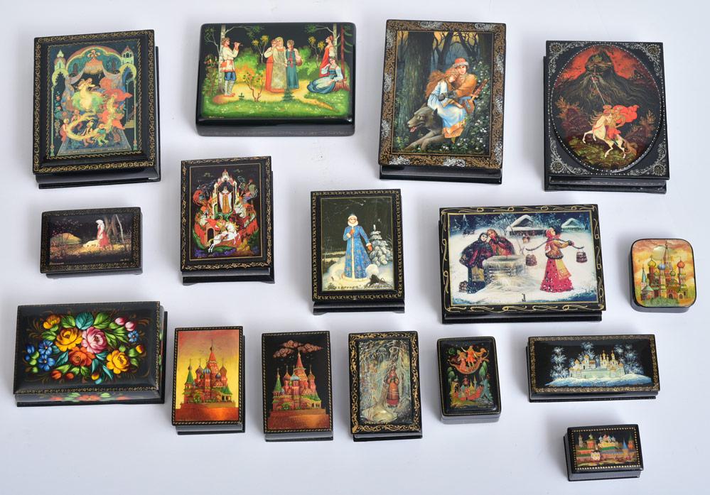Group of Russian Lacquer Boxes (16): ranging 2 1/4" to 6" wide modern