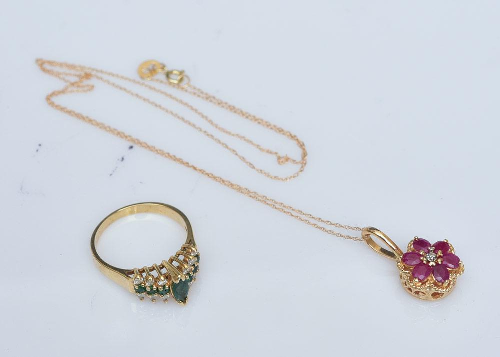 14k Gold Ruby Necklace and Emerald Ring (1 of 1)