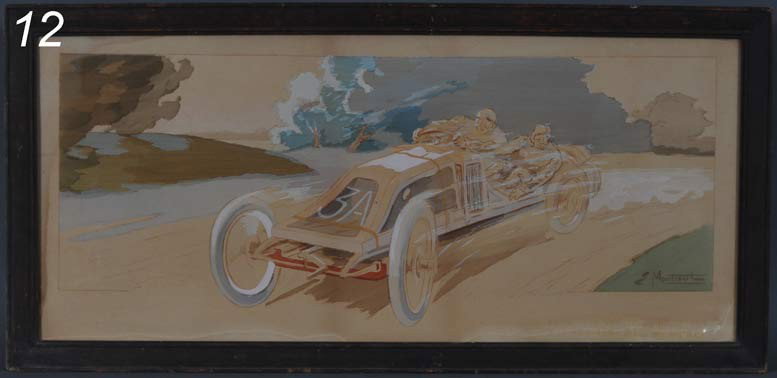 FRENCH CAR RACING STONE LITHOGRAPH E. Montaul, 14"x