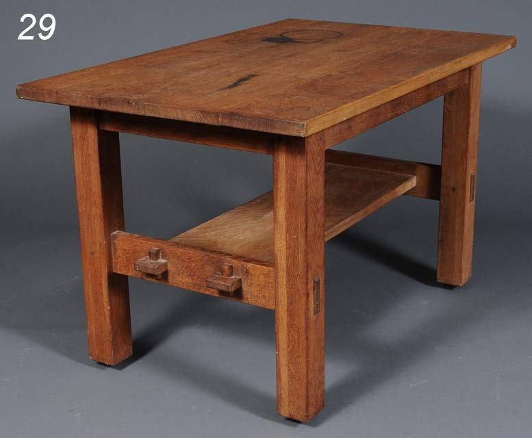 ATTRIBUTED TO GUSTAV STICKLEY oak library table wit: ATTRIBUTED TO GUSTAV STICKLEY oak library table with keypad through tenons, model 433 48"x 30"x 29", old refinish Shipping Information: Buyer is responsible for arranging shipping.