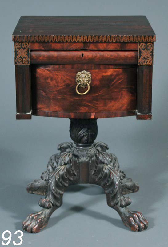 NEW YORK CLASSICAL SEWING TABLE with stenciled deco: NEW YORK CLASSICAL SEWING TABLE with stenciled decoration 31 3/8"high, 21"wide, 18"deep circa 1830 Shipping Information: Buyer is responsible for arranging shipping.