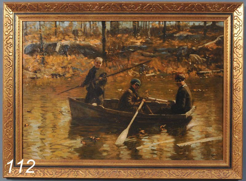 GILBERT GAUL Boys On The River 21"x 30" oil on can: GILBERT GAUL Boys On The River 21"x 30" oil on canvas signed lower right Shipping Information: Buyer is responsible for arranging shipping.