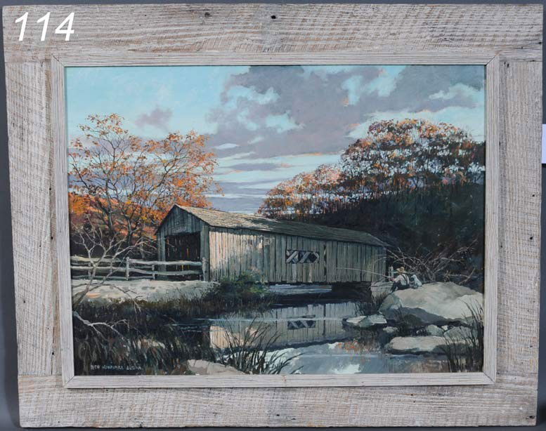 ERIC SLOANE New Hampshire Autumn 24"x 31 1/2" oil: ERIC SLOANE New Hampshire Autumn 24"x 31 1/2" oil on masonite titled lower left signed verso and retains Abercrombie & Fitch label original "Sloane" barn board frame Shipping Information: Buyer is res