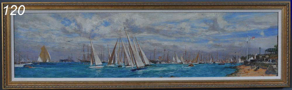 CHARLES EDWARD DIXON Larchmont Yacht Race 13"x 49": CHARLES EDWARD DIXON Larchmont Yacht Race 13"x 49" oil on board signed lower left, dated 1930 Shipping Information: Buyer is responsible for arranging shipping.