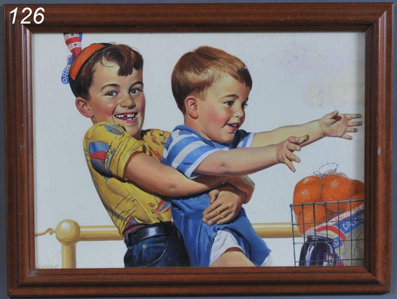 JOHN GOULD Original illustration featuring two boy: JOHN GOULD Original illustration featuring two boys 21"x 29" oil on board signed "Gould" lower left mid-20th century Shipping Information: Buyer is responsible for arranging shipping.
