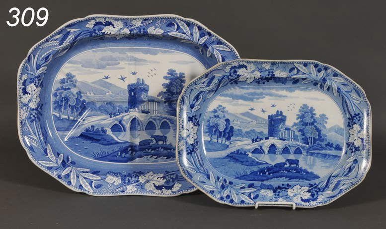PAIR SPODE TRANSFERWARE PLATTERS the larger a drip: PAIR SPODE TRANSFERWARE PLATTERS the larger a drip platter 20" and 16" long 19th century Shipping Information: Shipping within the Continental USA (excluding insurance) $50