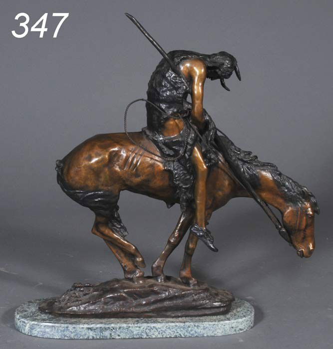 after JAMES EARL FRASER End Of The Trail 32" bronz: after JAMES EARL FRASER End Of The Trail 32" bronze, late 20th century Shipping Information: Buyer is responsible for arranging shipping