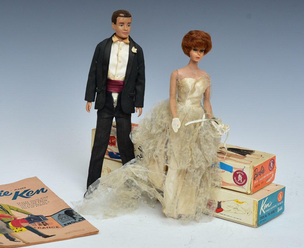 Barbie and Ken Wedding Dolls: Barbie dated 1958 and Ken dated 1960 with original boxes and extra clothes