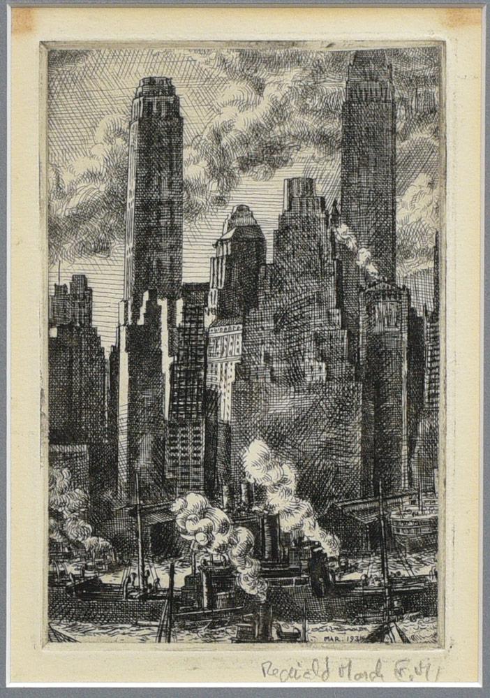 Reginald Marsh: Wall Street, 1931 5 7/8" x 3 7/8" (image) etching, 8 1/8"x5 1/4 sheet size, pencil signed lower right by Felicia Meyer Marsh (wife of Reginald Marsh), The Athena Gallery label verso