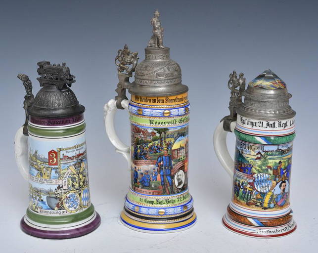 Three German Regimental Military Beer Steins (0344) on Nov 16, 2022