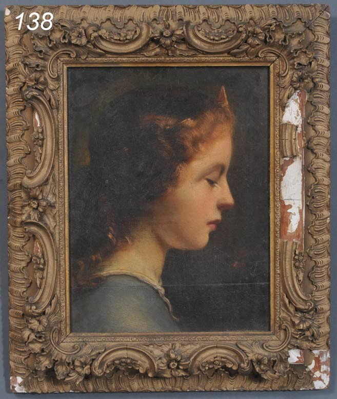 THOMAS COUTURE Young Woman in Profile 12"x 16" oil: THOMAS COUTURE Young Woman in Profile 12"x 16" oil on canvas etched monogram lower right "TC", signed on mid-stretcher "Thomas Couture", cut at bottom and edge, re-attached Shipping Information: Packi