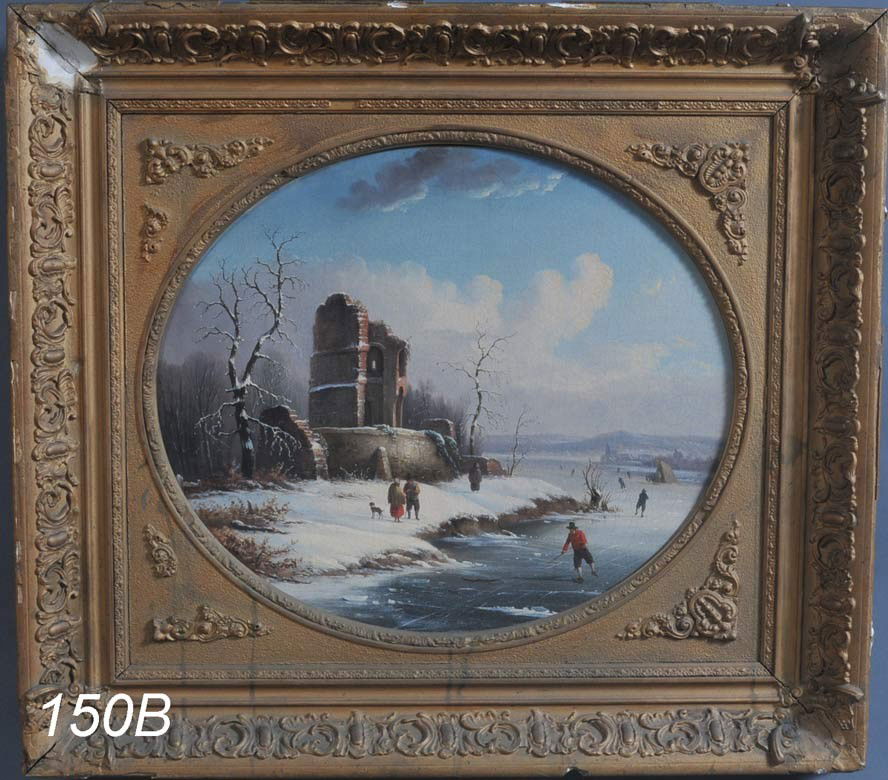 DUTCH SCHOOL Ice Skating oil on canvas (lined) 18: DUTCH SCHOOL Ice Skating oil on canvas (lined) 18"x 21" oval Shipping Information: Buyer is responsible for arranging 3rd party shipping