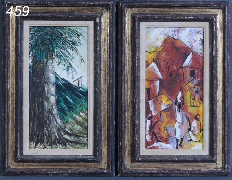 PAIR HAITIAN SCHOOL PAINTINGS oil on board 16"x 8": PAIR HAITIAN SCHOOL PAINTINGS oil on board 16"x 8" signed P. Beauvoir and Y.E. Gourgoe Shipping Information: Packing and shipping available within the Continental USA (excluding insurance):$50