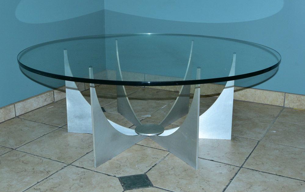 Donald Drumm Coffee Table: round glass top with metal base 44" diameter, 16" high