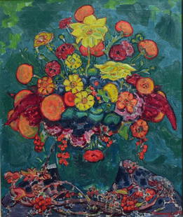 Emil Schumacher: Fauvist Still Life with Flowers 30"x25" oil on canvas, framed 37"x32" signed lower right and dated 1916