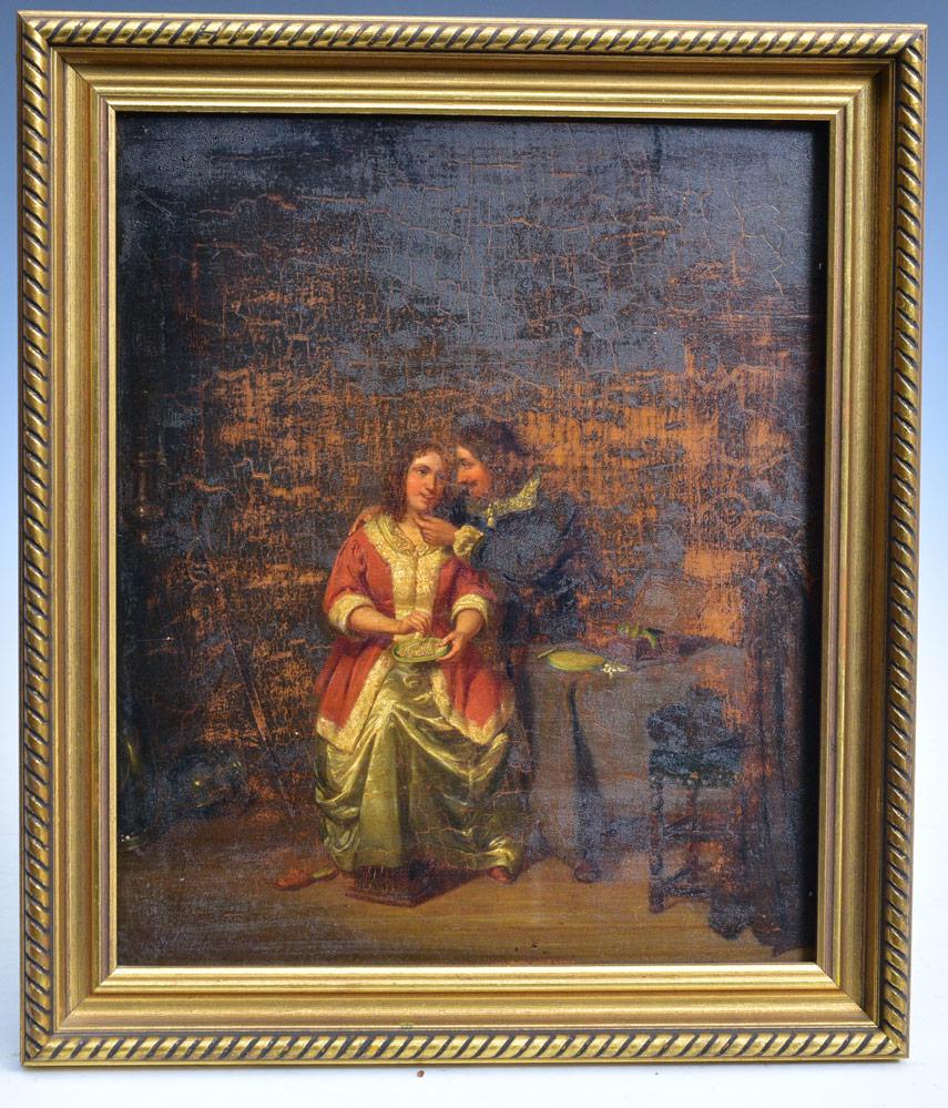 Continental School: The Gift of Pearls, Interior Genre Scene 13 1/2" x 11" oil on panel, signed lower left indistinctly