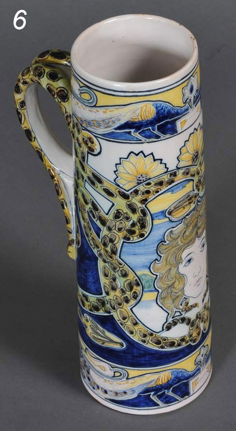 GALILEO CHINI Arte Della Ceramica, Florence 11 1/4": GALILEO CHINI Arte Della Ceramica, Florence 11 1/4" high glaze tankard circa 1900 Shipping Information: Packing and shipping within the Continental USA (excluding insurance) $35