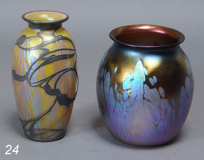 PAIR OF AUSTRIAN ART GLASS VASES attributed to Loet: PAIR OF AUSTRIAN ART GLASS VASES attributed to Loetz one with silver inlay (bottom section detached) larger 7" high circa 1900 Shipping Information: Packing and shipping within the Continental USA (ex