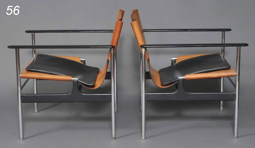 CHARLES POLLOCK pair of leather sling armchairs man: CHARLES POLLOCK pair of leather sling armchairs manufacured by Knoll 28" high, 25" wide, 26" deep with Knoll label, 1960s Shipping Information: Buyer is responsible for arranging 3rd party shipping