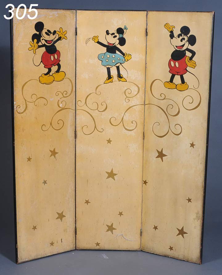 MICKEY MOUSE FLOOR SCREEN 51" wide, 60" high hand : MICKEY MOUSE FLOOR SCREEN 51" wide, 60" high hand painted, circa 1940 Shipping Information: Buyer is responsible for arranging 3rd party shipping