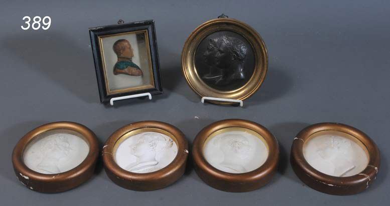 WAX BUST OF NAPOLEAN BONAPARTE together with BRONZ: WAX BUST OF NAPOLEAN BONAPARTE together with BRONZE ROUNDEL and FOUR INTAGLIO BUSTS Shipping Information: Packing and shipping within the Continental USA (excluding insurance) $40