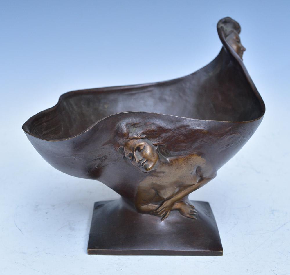 Georges Engrand Bronze Art Nouveau Bowl: Two female sprites in molded relief 8 1/2" high, 12 1/2" long signed "G. Engrand" on base
