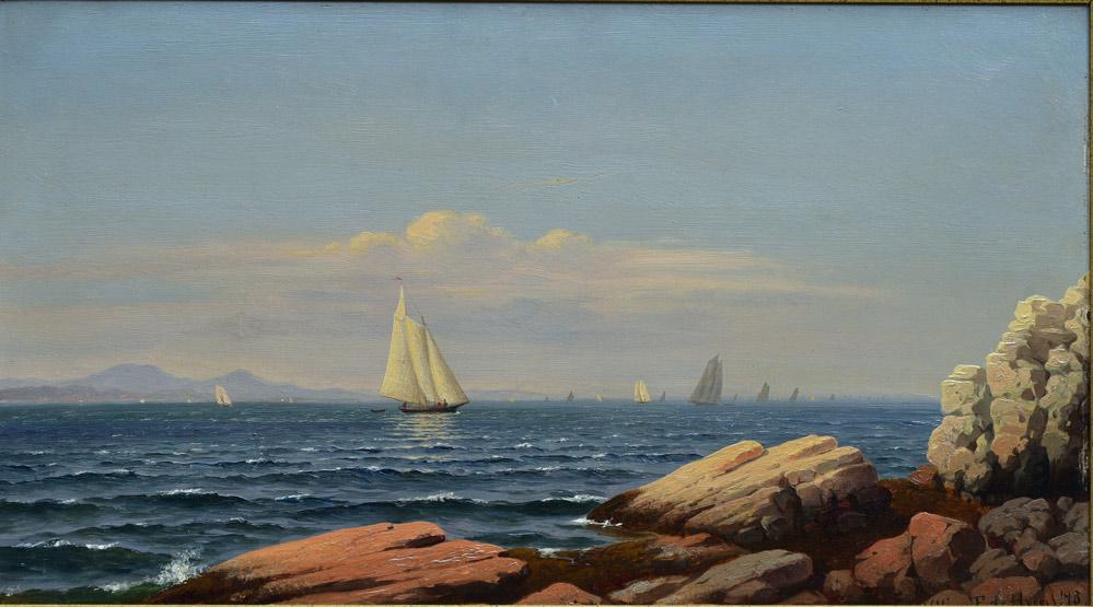 William Frederick De Haas: Coastal View with Sail Boats 10" x 18" oil on panel, framed to 13" to 21" signed lower right