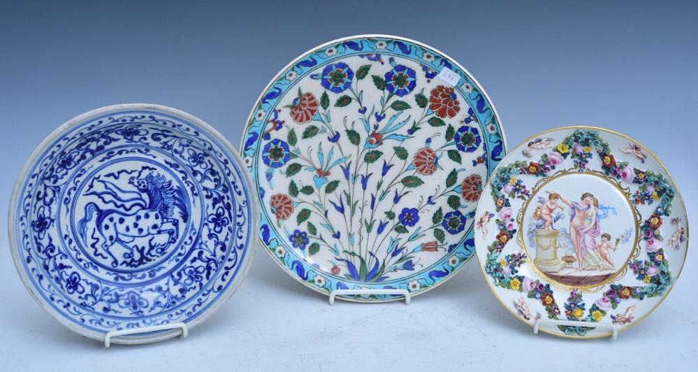 Theodore Deck, Persian and Capodimonte Plates: Theodore Deck ceramic 11 3/4" Charger, Persian blue and white 10" bowl decorated with a horse, ex J.P. Morgan Collection together with a Capodimonte Plate