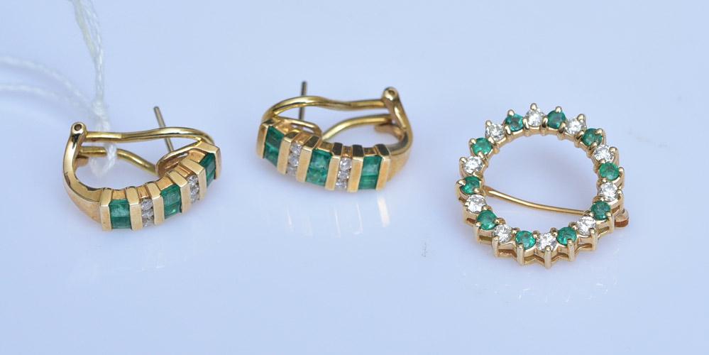 14k Gold Emerald and Diamond Earrings and Brooch (1 of 1)
