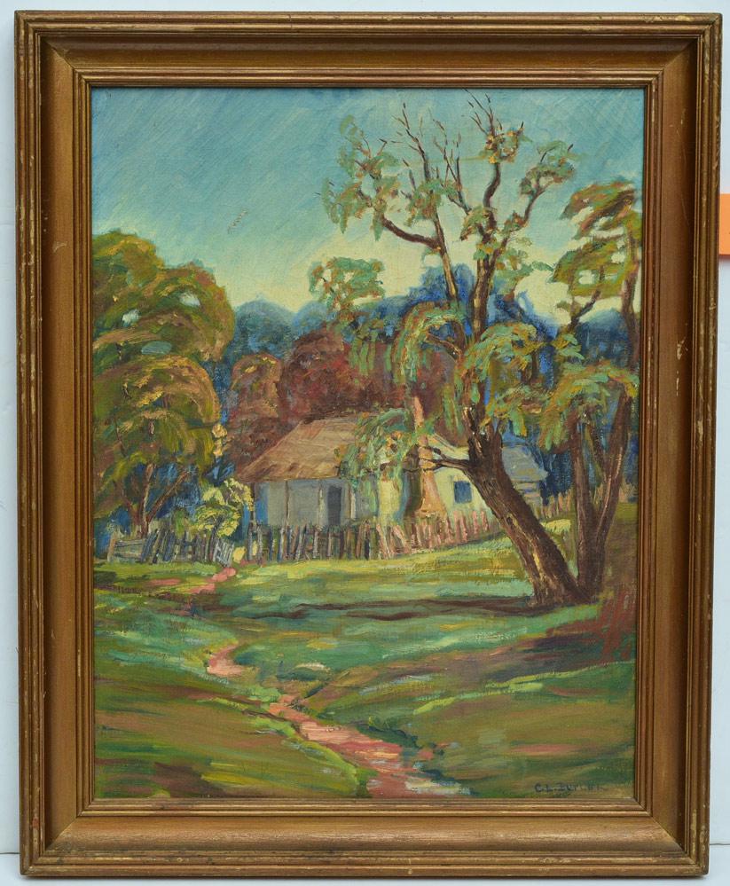 Courtland L. Butler (1871 - 1952): House with Fence 26" x 20" oil on canvas, signed lower right 30 1/2" x 24" overall with the frame