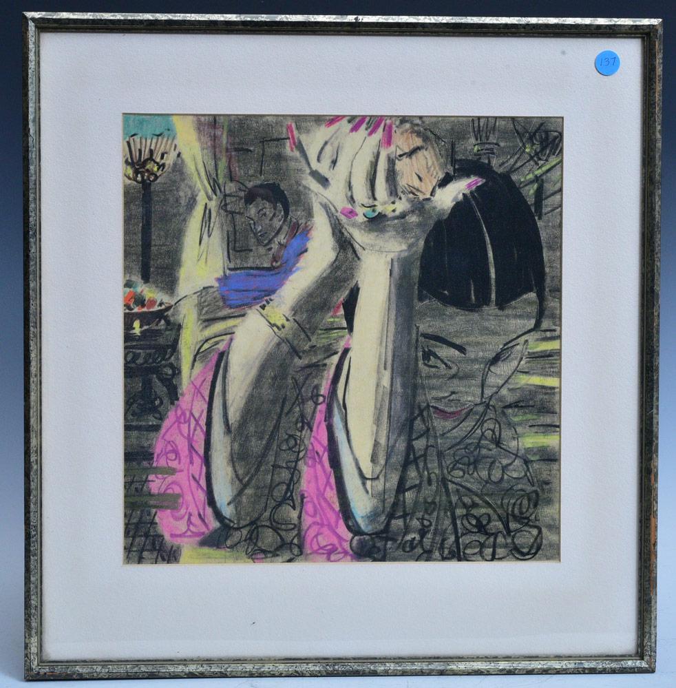 American School: Geisha Girl 13"x13" conte crayon, framed 20"x19" apparently unsigned